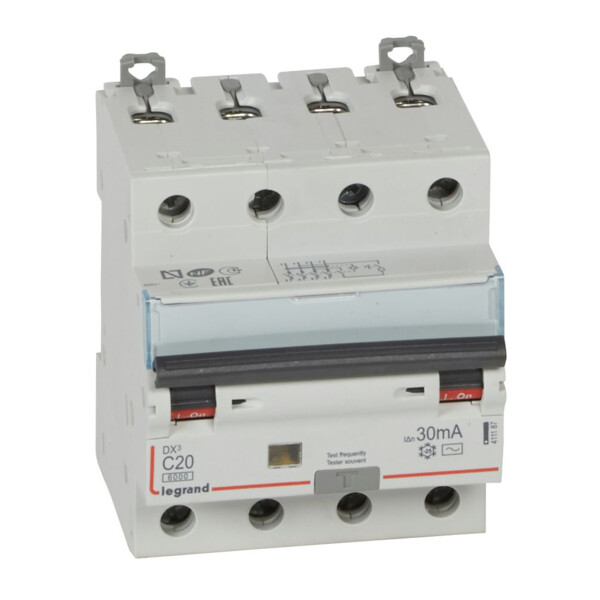 Disjoncteur différentiel monobloc Legrand DX3 6000 - vis- 4p- 400v~ -20a-typeac-30ma-10ka-courbe c-départ - Legrand - 411187