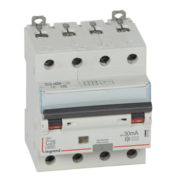 Disjoncteur différentiel 4P 25A Legrand DX³ 6000 TypeAC 30mA courbe C 400V à vis - Legrand - 411188