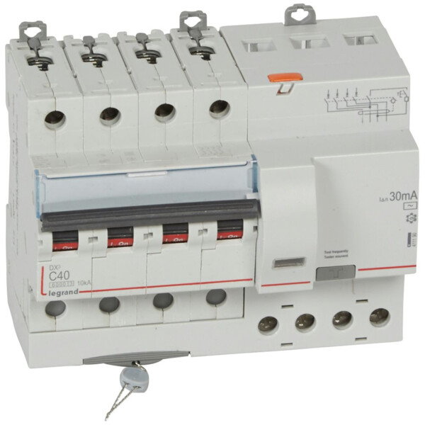 Disjoncteur différentiel 4P 40A Legrand DX³6000 10kA 400V typeAC 30mA CourbeC vis/vis départ bas - Legrand - 411190