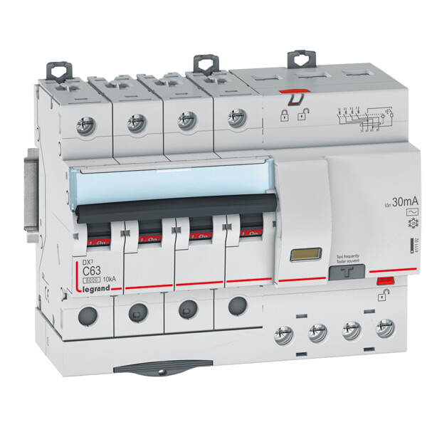 Disjoncteur différentiel monobloc dx³ 6000 -vis- 4p- 400v~ -63a-typeac-30ma-10ka-courbe c-départ - Legrand - 411192