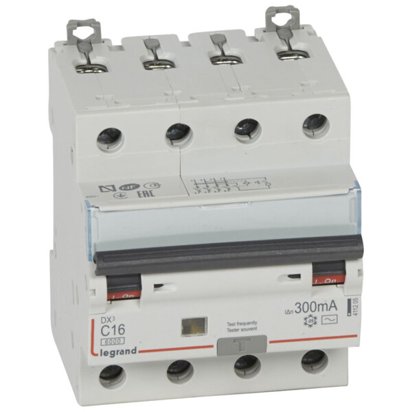 Disjoncteur différentiel monobloc DX3 6000 -vis- 4p- 400v~ -16a-typeac-300ma-10ka-courbe c-départ - Legrand - 411205