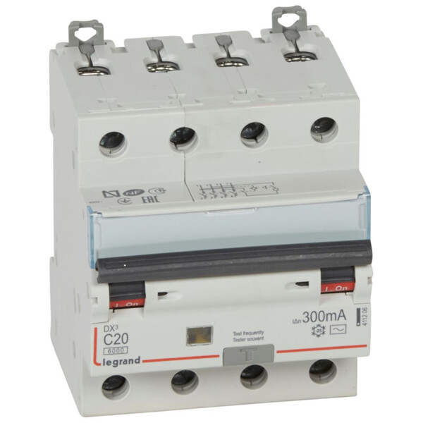 Disjoncteur différentiel 4P 20A Legrand DX3 6000 à vis 400V typeAC 300mA 10ka courbe c - Legrand - 411206