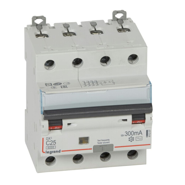 Disjoncteur différentiel monobloc DX3 Legrand 6000 -vis- 4p- 400v~ -25a-typeac-300ma-10ka-courbe c-départ - Legrand - 411207