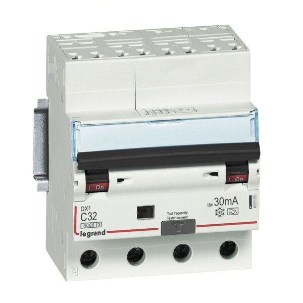 Disjoncteur différentiel monobloc DX³6000 10kA arrivée haute automatique départ bas à vis 4P 400V~ - 32A - typeA 30mA - Legrand - 411214