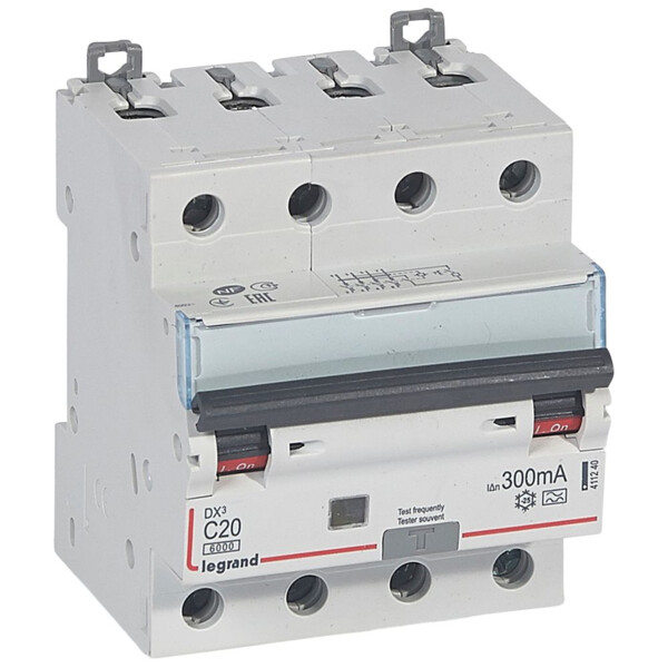 Disjoncteur différentiel monobloc dx³ 6000 -vis- 4p- 400v~ -20a-typea-300ma-10ka-courbe c-départ - Legrand - 411240