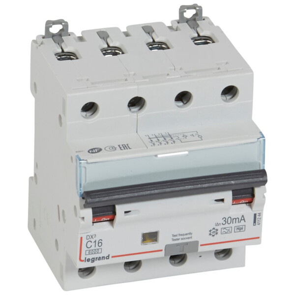 Disjoncteur différentiel DX³ 6000 -vis/vis- 4P 400V~16A - type F - 30mA -10kA- courbe C - 4 M - Legrand - 411244