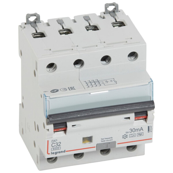 Disjoncteur différentiel DX³ 6000 -vis/vis- 4P 400V~32A - type F - 30mA -10kA- courbe C - 4 M - Legrand - 411247