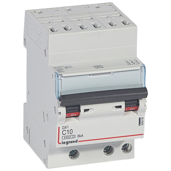 Disjoncteur 3P 10A Legrand DX³ 4500/6kA Courbe C  400V - Arrivée haute automatique / Sortie basse par borne à vis - Legrand - 406899