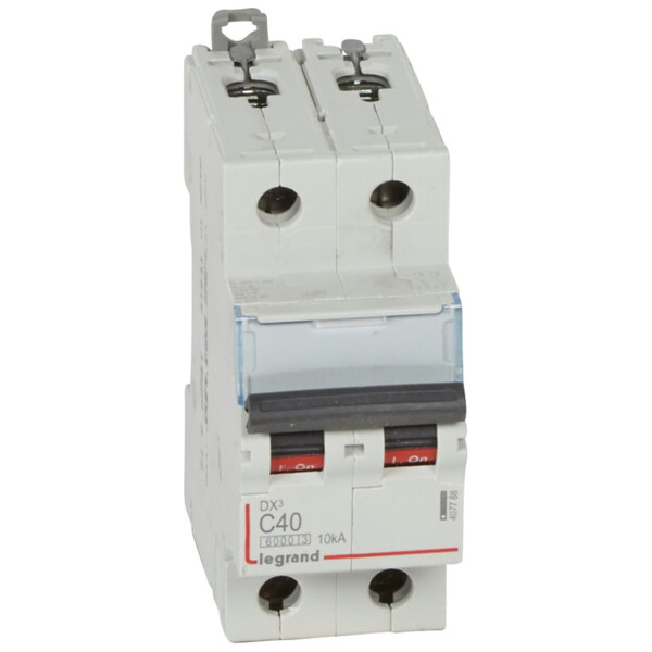 Disjoncteur DX³ 6000 Legrand 2P – 40 A – 230 à 400 V – Courbe C – 10 kA – Arrivée et Sortie à Vis – 2 Modules - Legrand - 407788