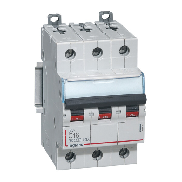Disjoncteur DX³ 6000 Legrand 3P – 16 A – 400 V – Courbe C – 10 kA – Arrivée et Sortie à Vis – pour Peigne HX³ Traditionnel - Legrand - 407829