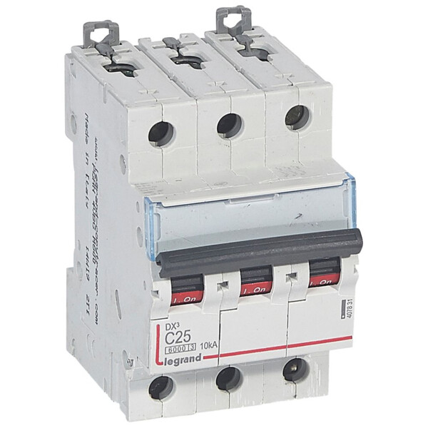 Disjoncteur 3P 25A Legrand DX³ 6000/10kA  Courbe C - Arrivée haute/départ bas - Pour peigne HX³ - Legrand - 407831