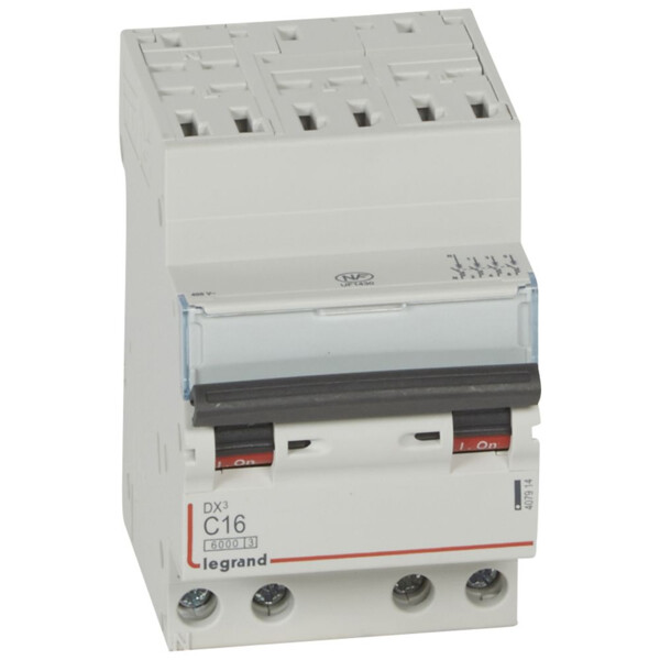 Disjoncteur dx³ 6000 -auto/vis- 4p- 400v~-16a-10ka-courbec-départ-peigne hx³ opti 4p - Legrand - 407914