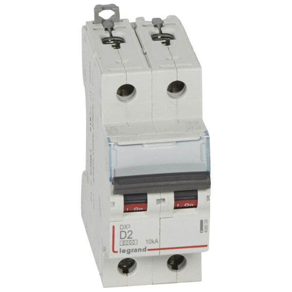 Disjoncteur Legrand DX³ 6000 - 10kA - 2P - 2A - Courbe D - Arrivée haute/départ bas - 230V/400V - 2 modules - Legrand - 408009