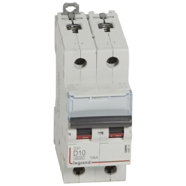Disjoncteur Legrand DX³ 6000 - 10kA - 2P - 10A - Courbe D - Arrivée haute/départ bas - 2 modules - Legrand - 408014
