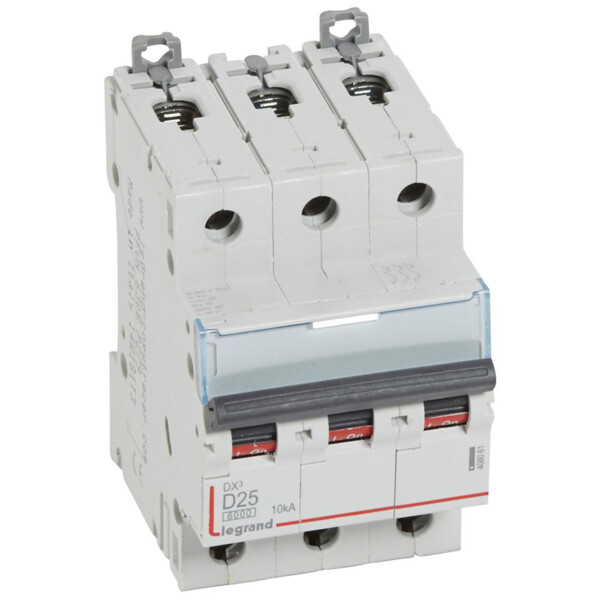 Disjoncteur dx³ 6000-vis/vis-3p-400v~-25a-10ka-courbe d-départ tri-peigne hx³ trad 3p - Legrand - 408061