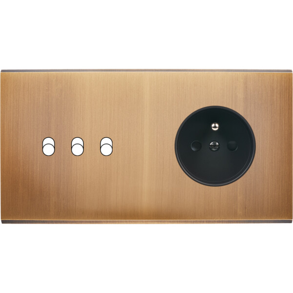 Façade confidence laiton vieux bronze double horizontale 3 basculeurs prise de courant 2p+t  - Modelec - 215417M