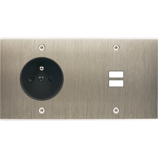 Façade confidence laiton acier brossé double horizontale prise de courant 2p+t ouverture pour chargeur double usb à vis - Modelec - 259412