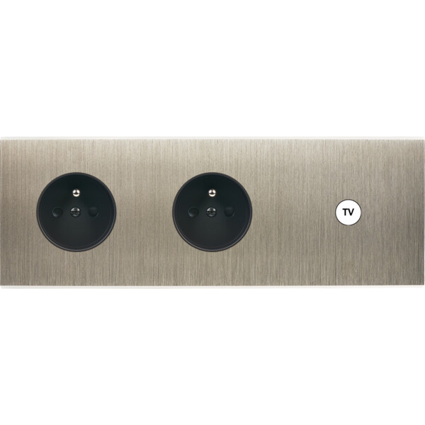 Façade Confidence Laiton Acier Brossé triple horizontale PC PC 1 prise TV (329-412M) - Modelec - 329412M