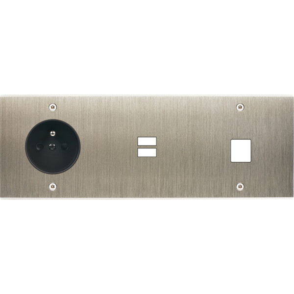 Façade confidence laiton acier brossé triple horizontale prise de courant 2p+t ouverture pour chargeur double usb 1 média vis - Modelec - 335412