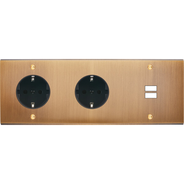 Façade confidence laiton vieux bronze triple horizontale prise schuko 2p+t prise schuko 2p+t ouverture pour chargeur double usb vis - Modelec - 337417-K