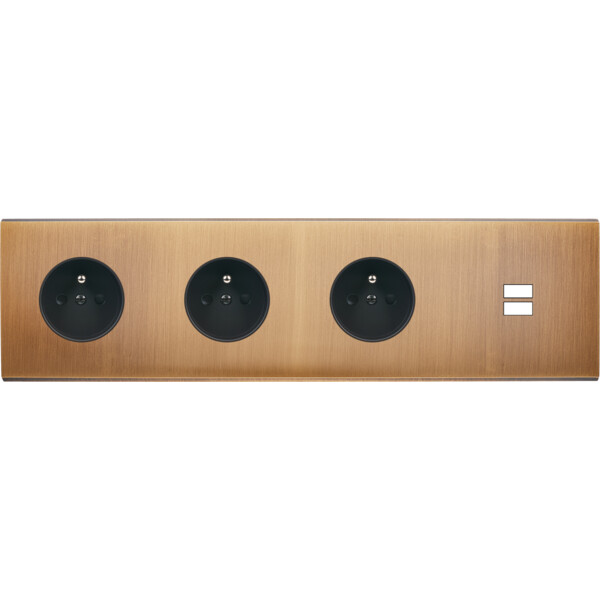 Façade confidence laiton vieux bronze quadruple horizontale prise de courant 2p+t prise de courant 2p+t prise de courant 2p+t ouverture pour chargeur double usb  - Modelec - 436417M