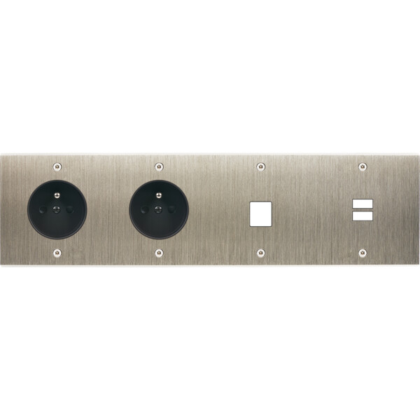 Façade confidence laiton acier brossé quadruple horizontale prise de courant 2p+t prise de courant 2p+t 1 média ouverture pour chargeur double usb vis - Modelec - 437412