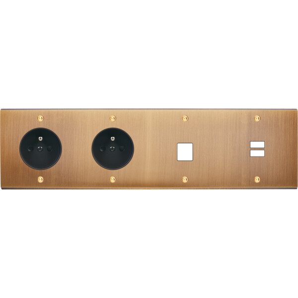 Façade confidence laiton vieux bronze quadruple horizontale prise de courant 2p+t prise de courant 2p+t 1 média ouverture pour chargeur double usb vis - Modelec - 437417