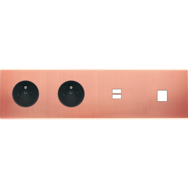 Façade confidence laiton cuivre satiné quadruple horizontale prise de courant 2p+t prise de courant 2p+t ouverture pour chargeur double usb 1 média  - Modelec - 438423M