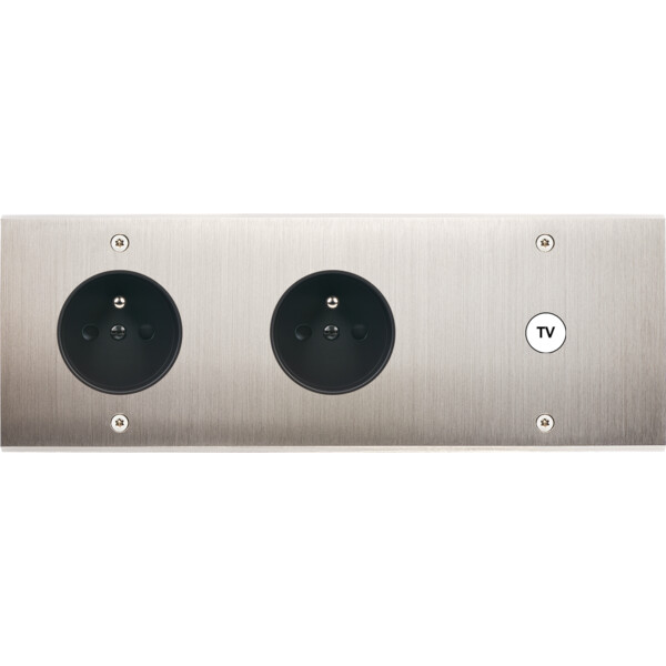 Façade Confidence Laiton Nickel Satiné triple horizontale PC PC 1 prise TV a vis (329-418) - Modelec - 329418