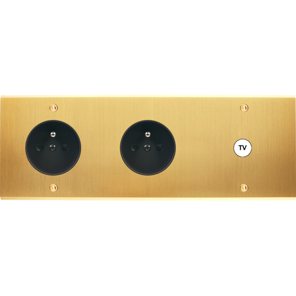 Façade Confidence Laiton Satiné triple horizontale PC PC 1 prise TV a vis (329-419) - Modelec - 329419