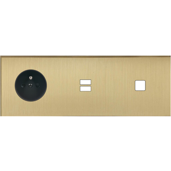 Façade Empreintes ANGLE Laiton Sat Triple Horiz Prise de Courant U1 1 bouton M - Modelec - 308479M-E2
