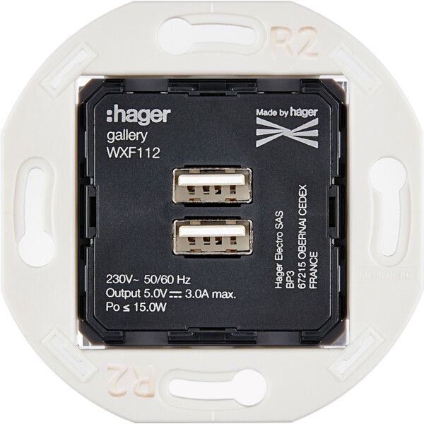 Mécanisme à connexion automatique chargeur usb a+a 2port 5v-3a pour collection iris - Modelec - 087510W