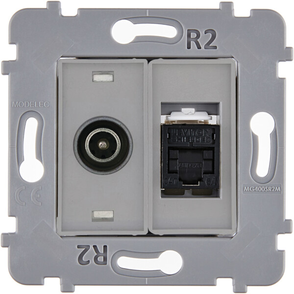 Mécanisme deux médias TV + RJ45 cat 6A BLINDE noir - Modelec - 087945G