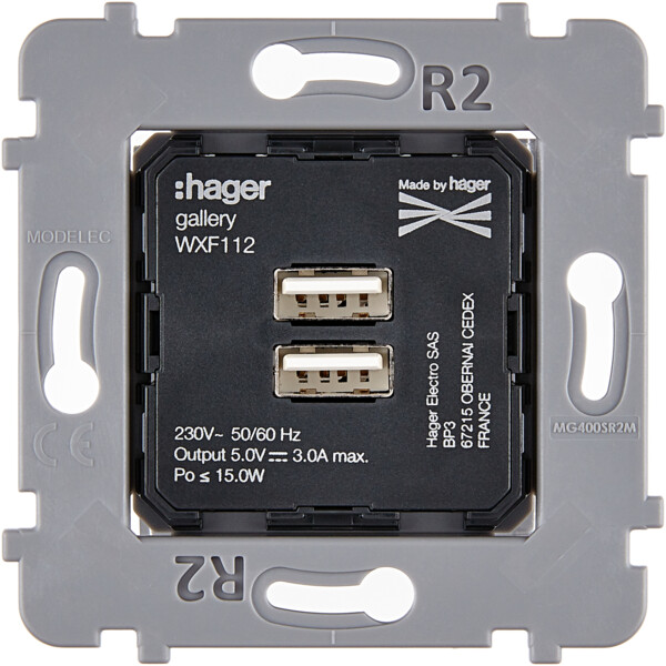 Mécanisme à connexion automatique chargeur usb a+a 2port 5v-3a pour collection confidence - Modelec - 087510G