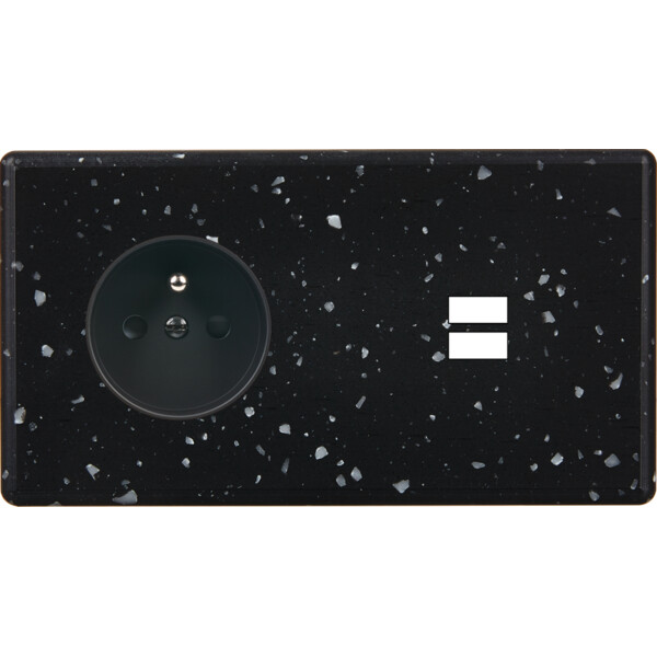 Façade hitera terrazzo noir double horizontale prise de courant 2p+t ouverture pour chargeur double usb  - Modelec - 259486