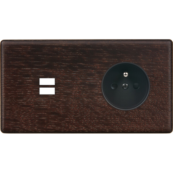 Façade hitera chêne foncé double horizontale ouverture pour chargeur double usb prise de courant 2p+t  - Modelec - 295492