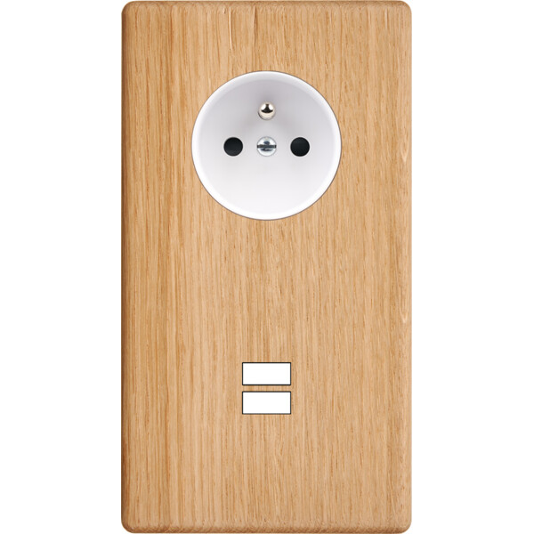 Façade hitera chêne clair double verticale prise de courant 2p+t ouverture pour chargeur double usb  - Modelec - 299491