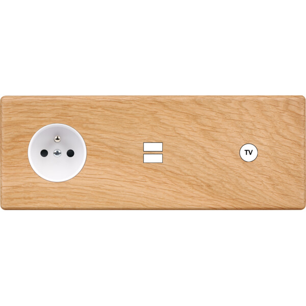 Façade hitera chêne clair triple horizontale prise de courant 2p+t ouverture pour chargeur double usb 1 tv - Modelec - 332491