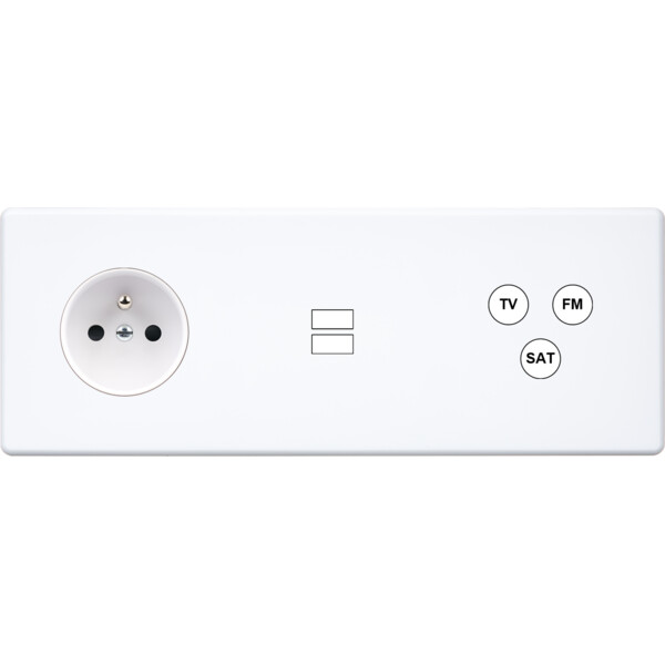 Façade hitera blanc soft touch triple horizontale prise de courant 2p+t ouverture pour chargeur double usb 1 tv-fm-sat - Modelec - 333481