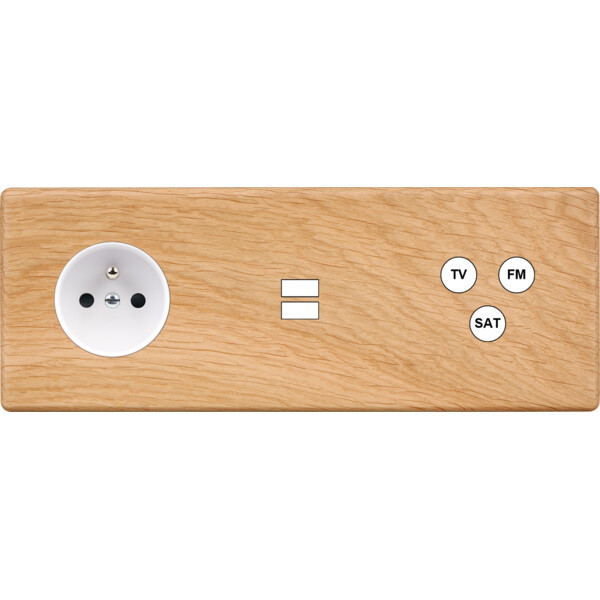Façade hitera chêne clair triple horizontale prise de courant 2p+t ouverture pour chargeur double usb 1 tv-fm-sat - Modelec - 333491