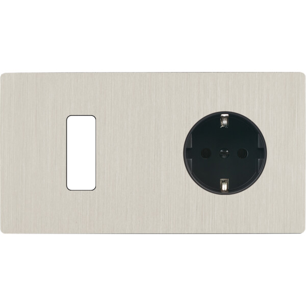 Façade "m" nickel brossé double horizontale 1 bouton 1 prise schuko sans vis - Modelec - 261511M-K
