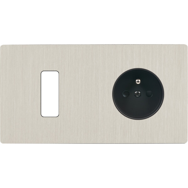 Façade "m" nickel brossé double horizontale 1 bouton 1 prise sans vis - Modelec - 261511M