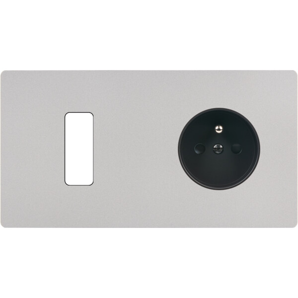 Façade "m" nickel sablé double horizontale 1 bouton 1 prise sans vis - Modelec - 261531M