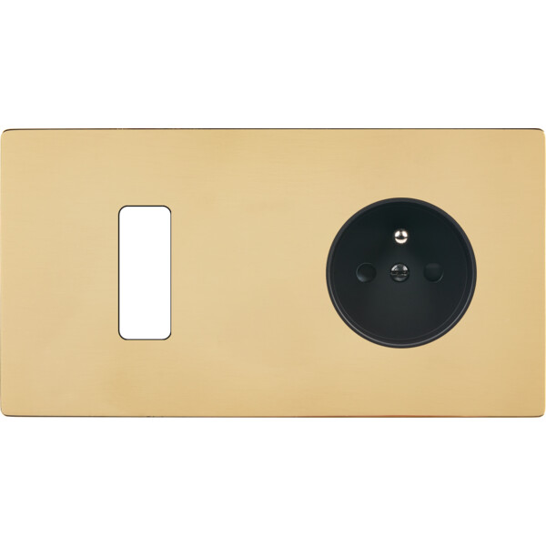 Façade "m" laiton miroir double horizontale 1 bouton 1 prise sans vis - Modelec - 261543M