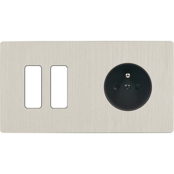Façade "m" nickel brossé double horizontale 2 boutons 1 prise sans vis - Modelec - 262511M