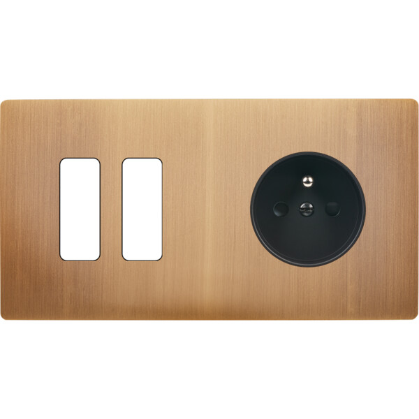 Façade "m" laiton vieux bronze double horizontale 2 boutons 1 prise sans vis - Modelec - 262517M