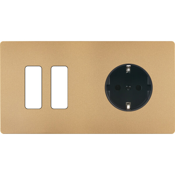 Façade "m" laiton sablé double horizontale 2 boutons 1 prise schuko sans vis - Modelec - 262532M-K