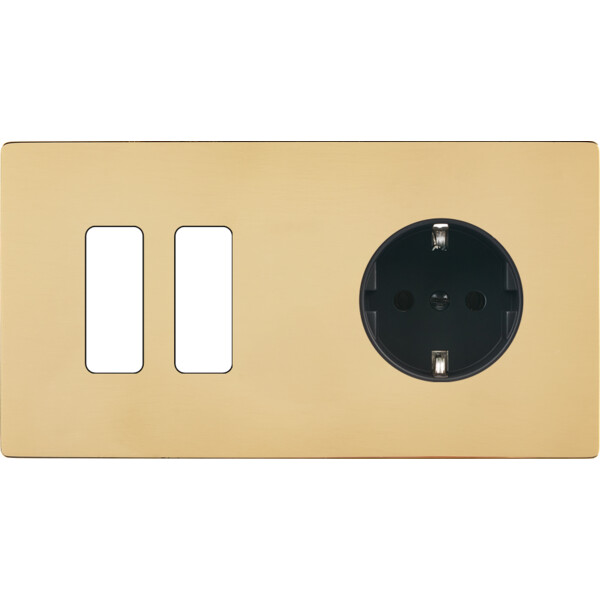 Façade "m" laiton verni double horizontale 2 boutons 1 prise schuko sans vis - Modelec - 262542M-K