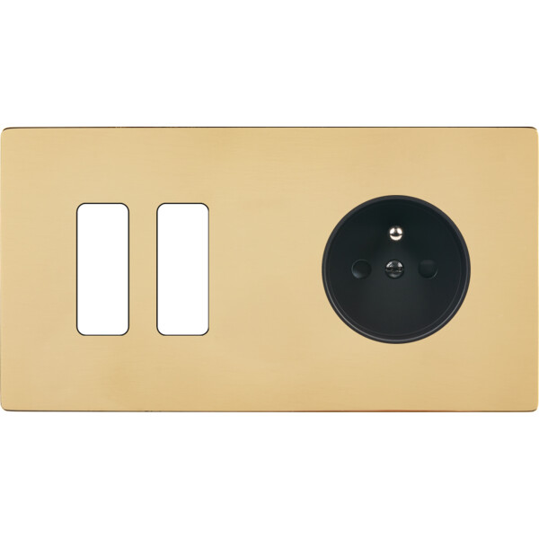 Façade "m" laiton miroir double horizontale 2 boutons 1 prise sans vis - Modelec - 262543M