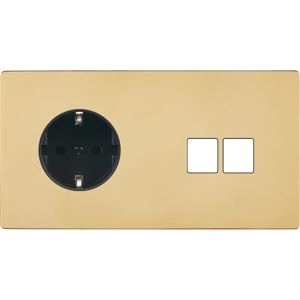 Façade "m" laiton verni double horizontale 1 prise schuko 2 media sans vis - Modelec - 264542M-K